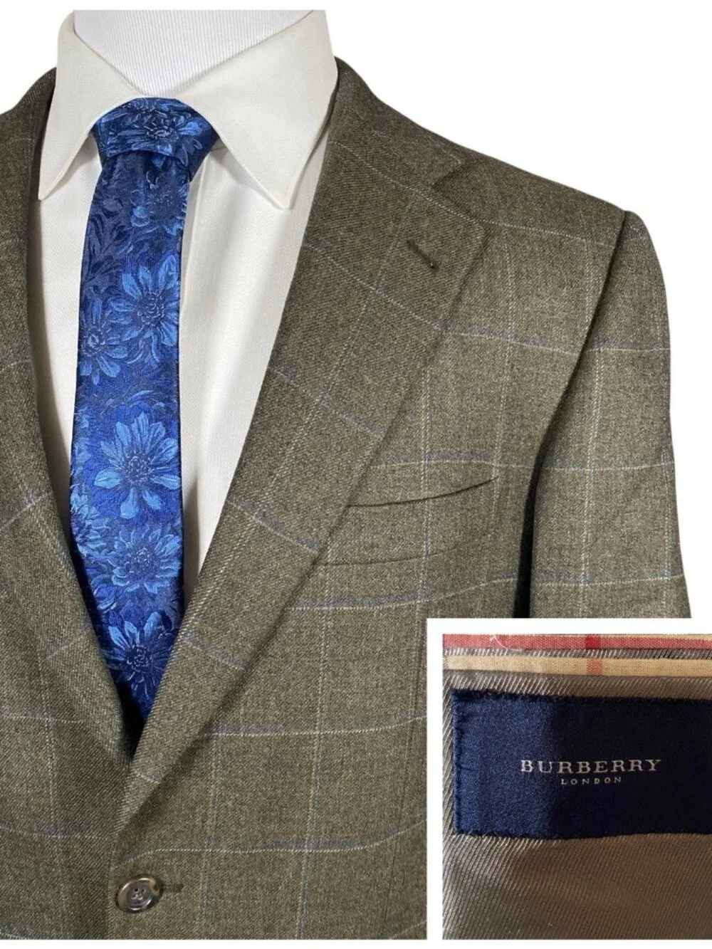Burberry Kensington Sport Coat Men's 42R Olive Moss Green Windowpane Wool Blazer